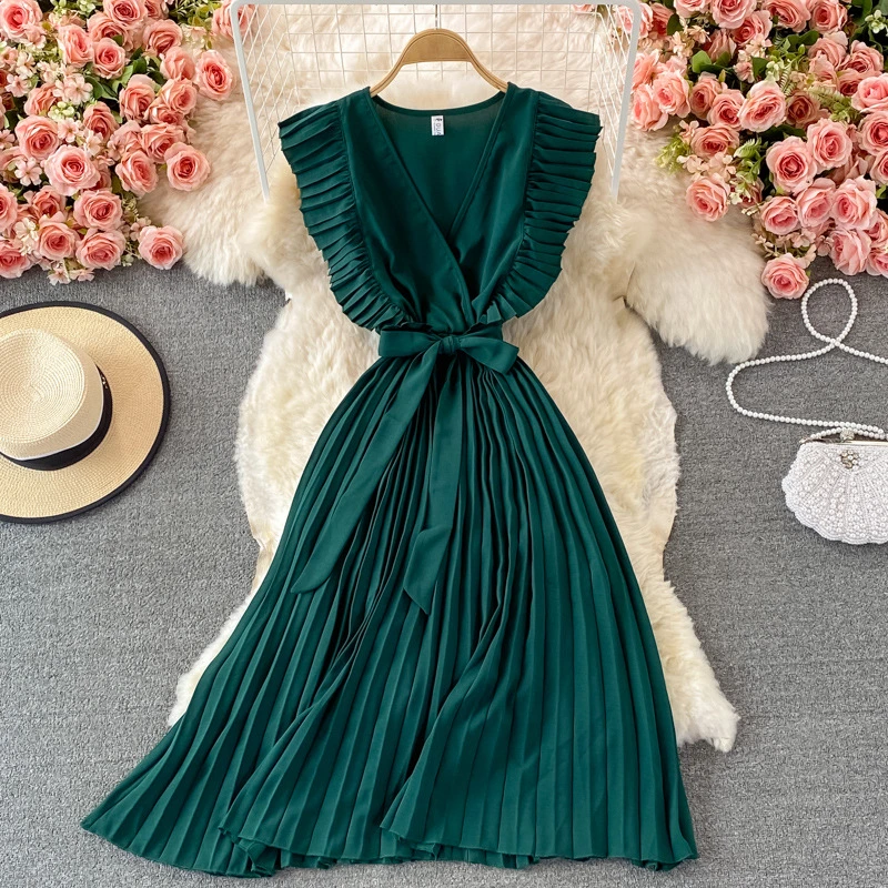 Women′ S Elegant Temperament Waist MID Length Fly Fly Sleeve V Neck Dress