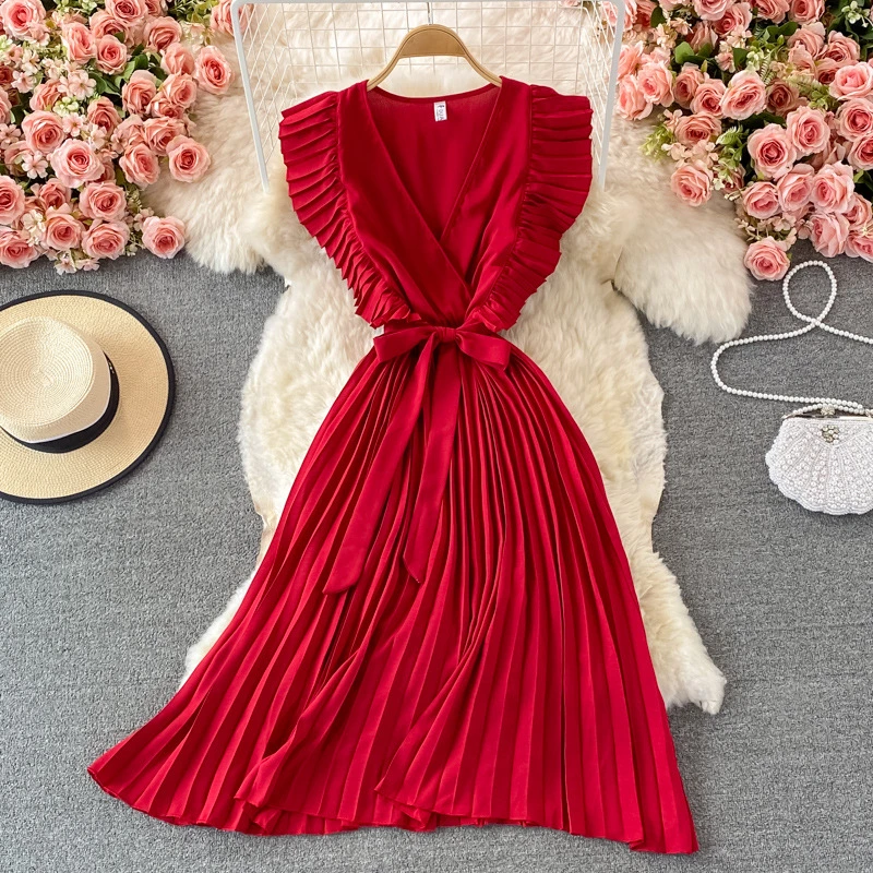 Women′ S Elegant Temperament Waist MID Length Fly Fly Sleeve V Neck Dress