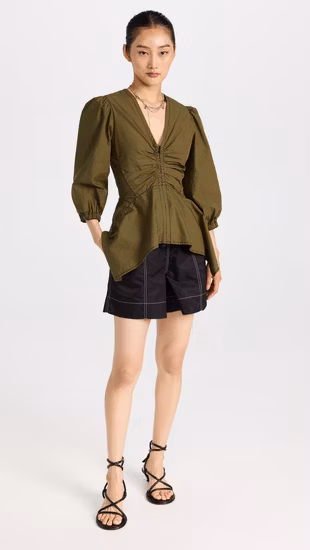 V ネック OEM 中国新しいデザインのアパレル工場熱い販売卸売ファッション夏エレガントな 3/4 パフスリーブ女性服レディブラウス弾性袖口