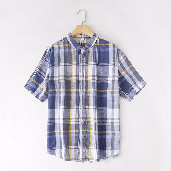 卸売メンズチェック柄リネンコットンスリムフィット春秋男性カジュアルブランド半袖シャツ